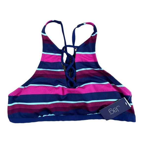 JAG Women’s Bikini Swim Top Rugby Stripe Criss Cross Back Very Berry XL -NWT $78 - Picture 1 of 9